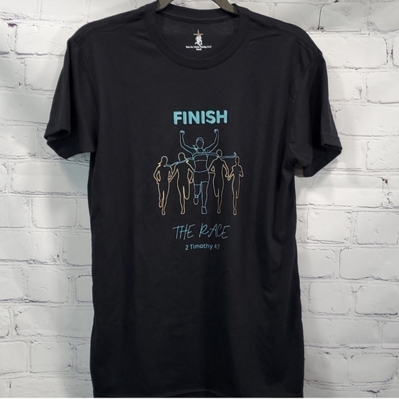 NWOT "Finish the Race" 2 Timothy 4:7 Tshirt, 60/40 Polyester Cotton Blend - Picture 1 of 4